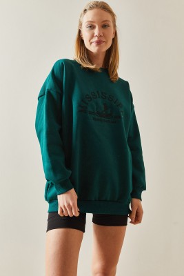 Zümrüt Yeşili Bisiklet Yaka & Şardonlu Oversize Sweatshirt 4KXK8-47711-44 - 2