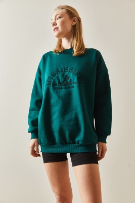 Zümrüt Yeşili Bisiklet Yaka & Şardonlu Oversize Sweatshirt 4KXK8-47711-44 - 3