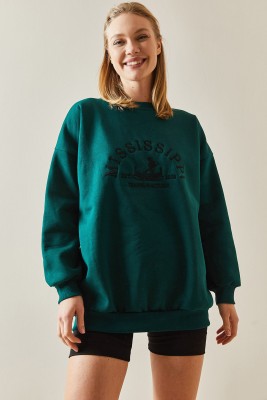 Zümrüt Yeşili Bisiklet Yaka & Şardonlu Oversize Sweatshirt 4KXK8-47711-44 - 4