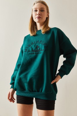 Zümrüt Yeşili Bisiklet Yaka & Şardonlu Oversize Sweatshirt 4KXK8-47711-44 - 5