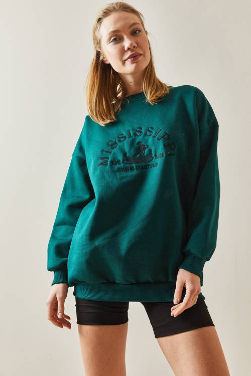 Zümrüt Yeşili Bisiklet Yaka & Şardonlu Oversize Sweatshirt 4KXK8-47711-44 - 6