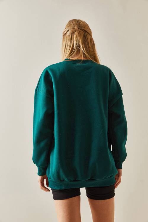 Zümrüt Yeşili Bisiklet Yaka & Şardonlu Oversize Sweatshirt 4KXK8-47711-44 - 7