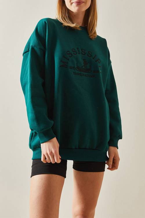 Zümrüt Yeşili Bisiklet Yaka & Şardonlu Oversize Sweatshirt 4KXK8-47711-44 - 1