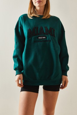 Zümrüt Yeşili Bisiklet Yaka & Şardonlu Oversize Sweatshirt 4KXK8-47718-44 