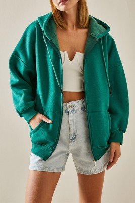 Zümrüt Yeşili Fermuarlı Kapüşonlü Sweatshirt 4KXK8-47606-44 