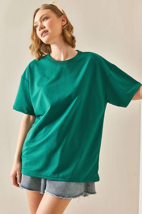 Zümrüt Yeşili Oversize Basic Tişört 3YXK1-47087-44 - 2