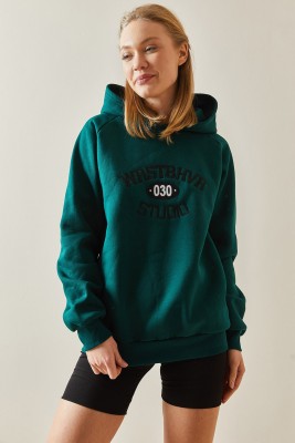 Zümrüt Yeşili Yazı Detaylı Şardonlu Kapüşonlü Sweatshirt 4KXK8-47601-44 - 4