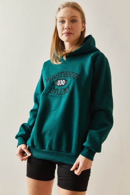 Zümrüt Yeşili Yazı Detaylı Şardonlu Kapüşonlü Sweatshirt 4KXK8-47601-44 - 5