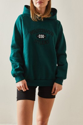 Zümrüt Yeşili Yazı Detaylı Şardonlu Kapüşonlü Sweatshirt 4KXK8-47601-44 - 1